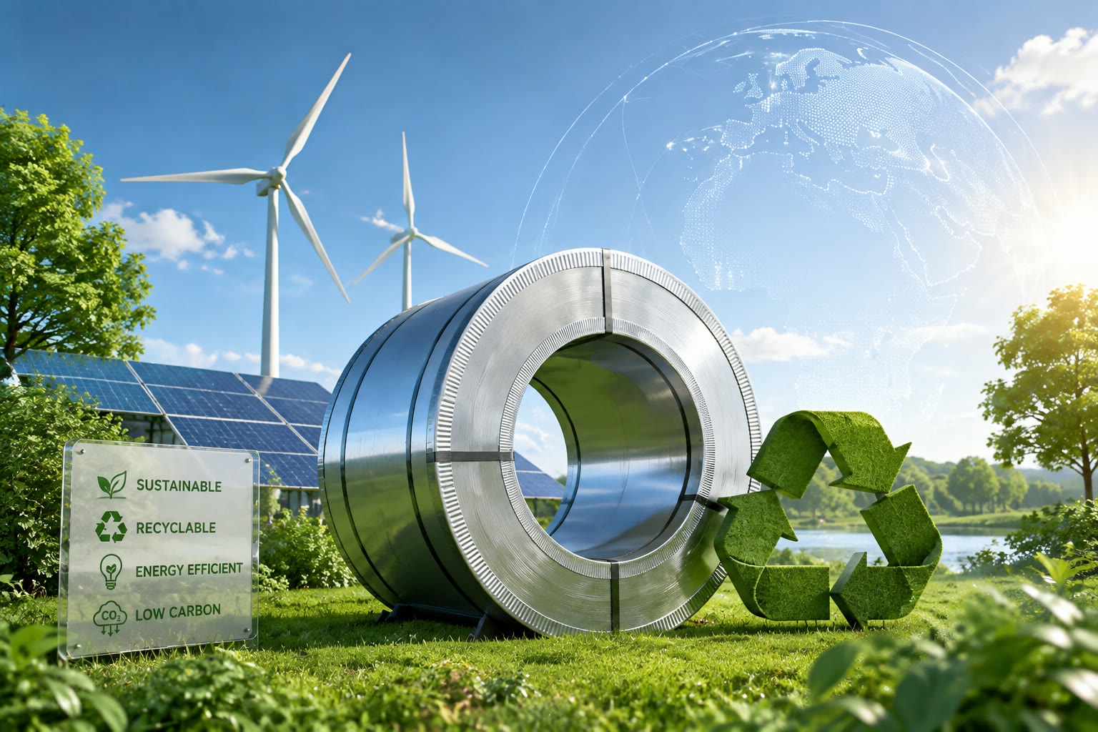 Steel coil beside wind turbines, solar panels and a recycling symbol