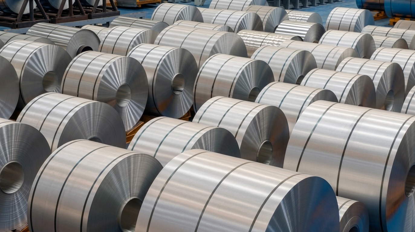 Cold rolled steel coils stored at a manufacturing facility