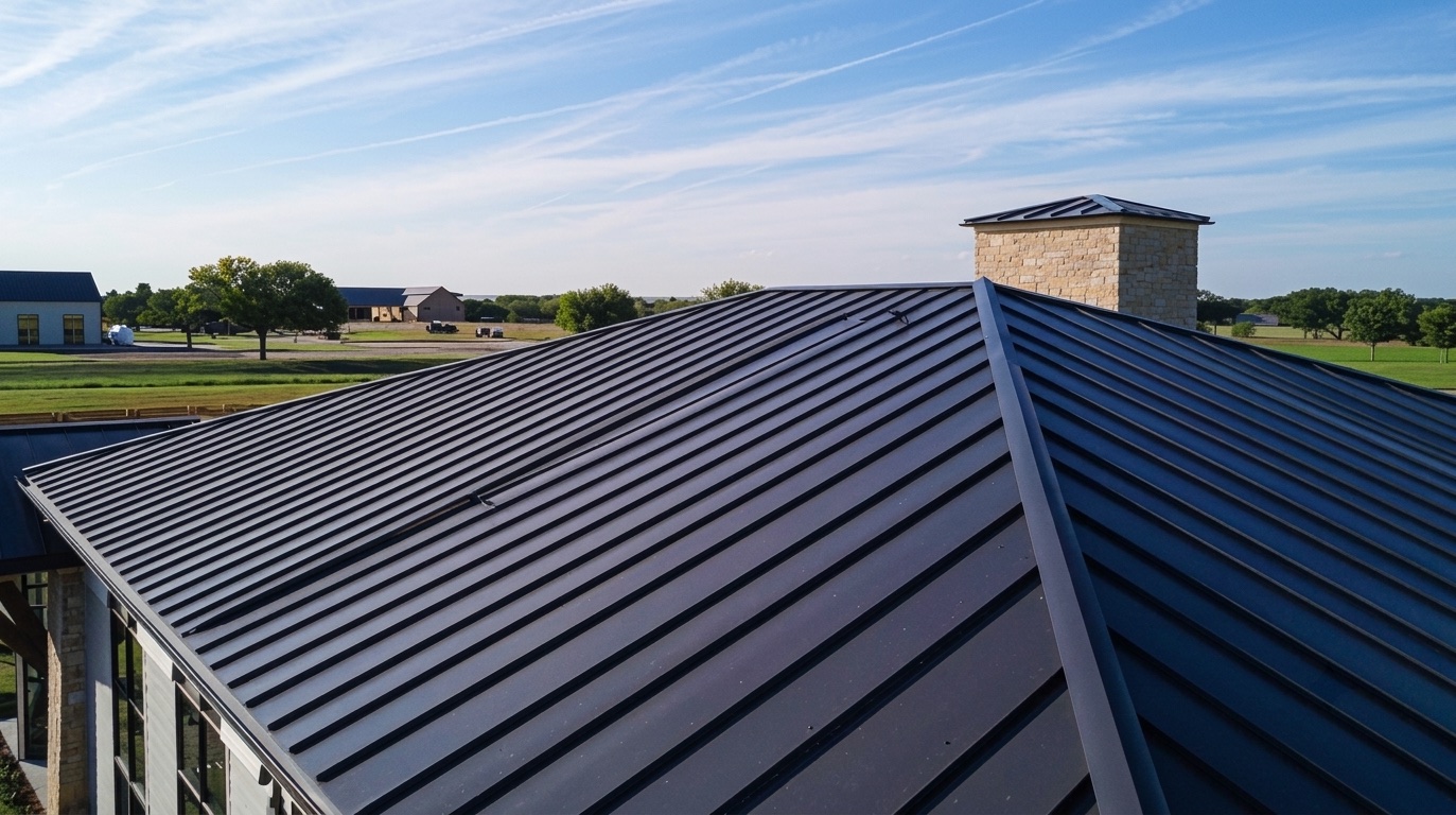 A completed building roof made from dark prepainted steel panels