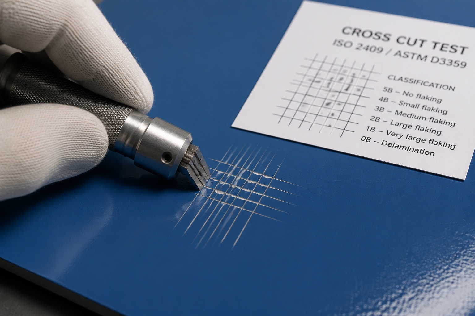 A cross-cut adhesion test being performed on coated steel