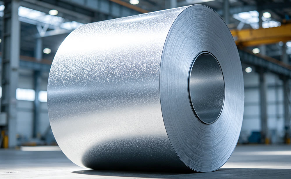 Galvalume steel coil showing its reflective alloy-coated surface