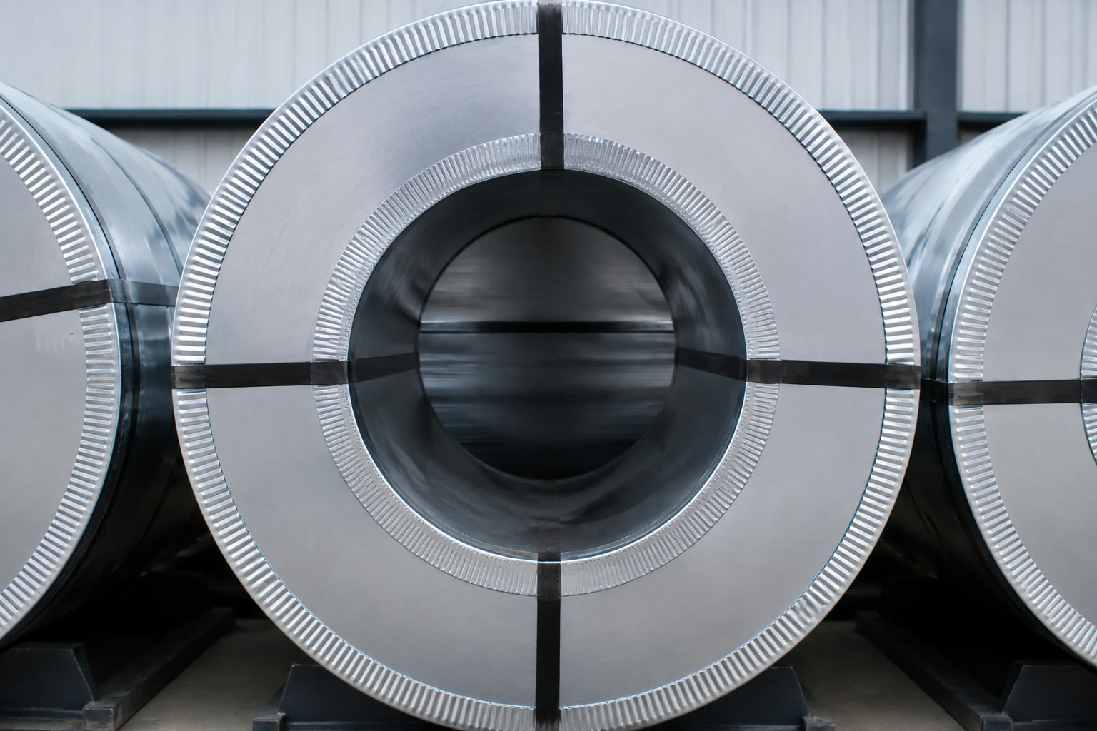 Front view of a galvanized steel coil in storage