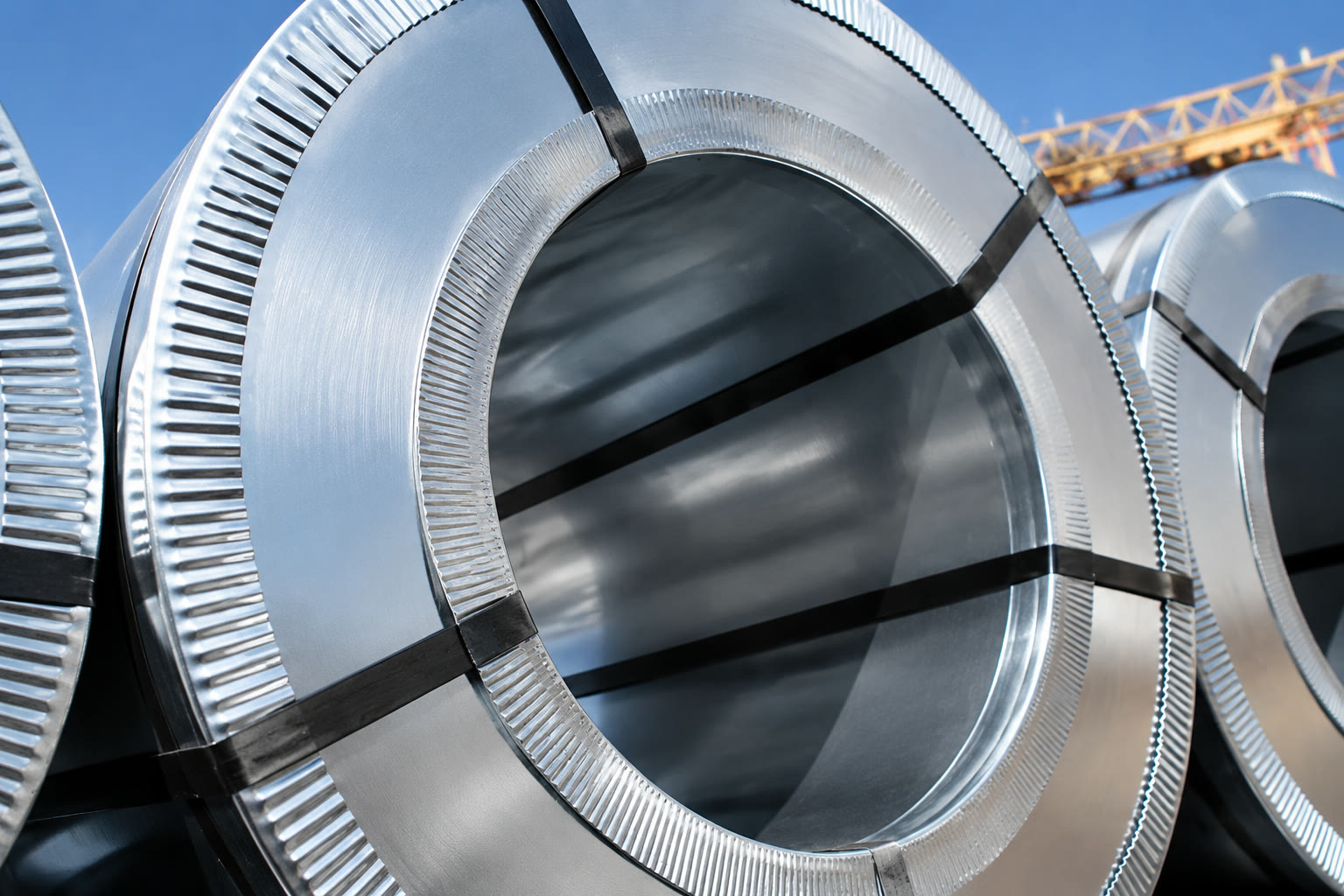 Close-up of galvanized steel coils with protective strapping