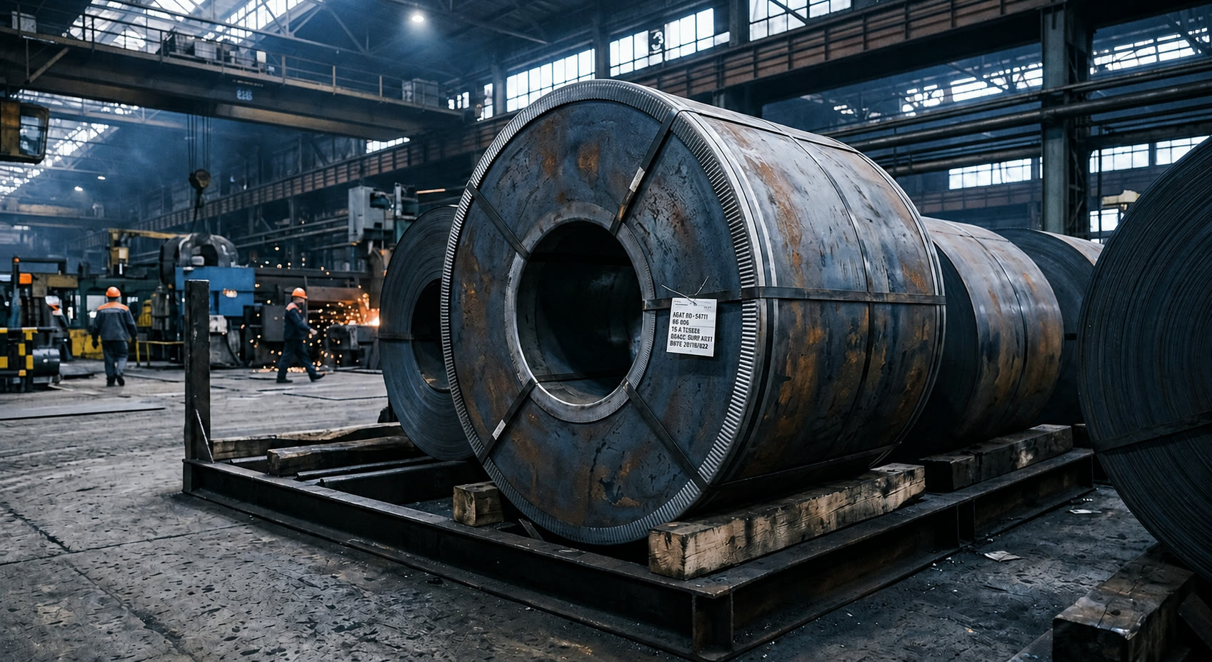 Hot-rolled steel coil in a production facility with workers