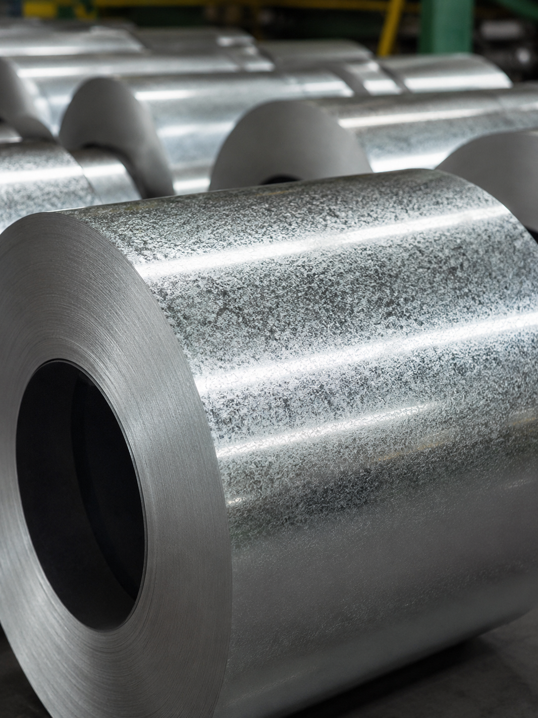Large galvanized steel coil in a production facility