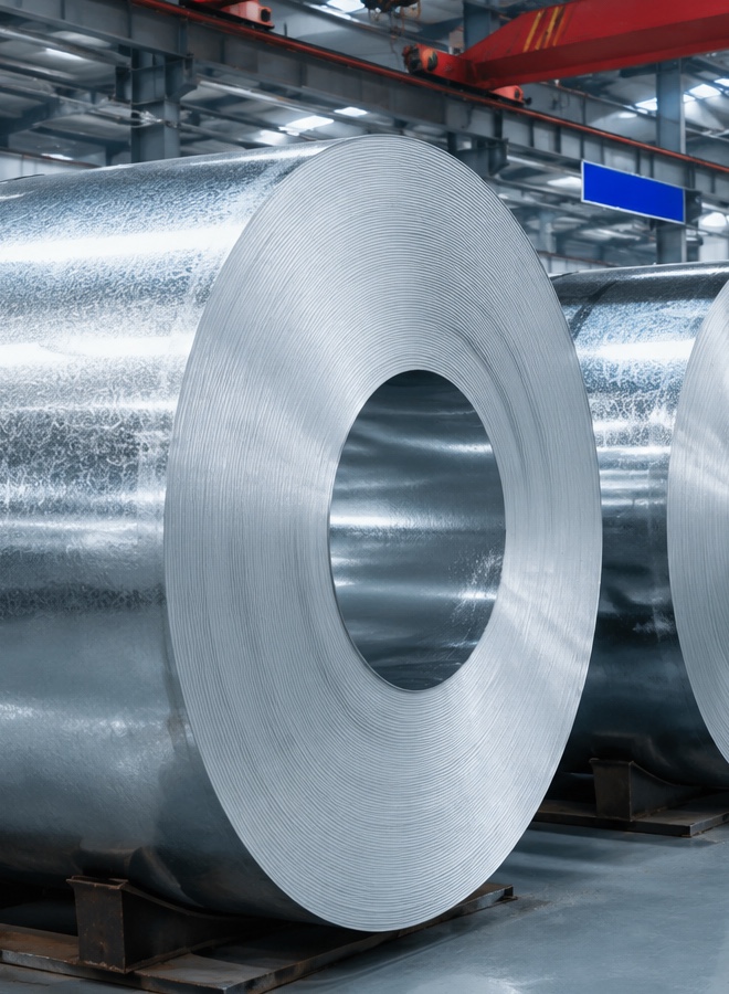 Front view of a galvanized steel coil in storage